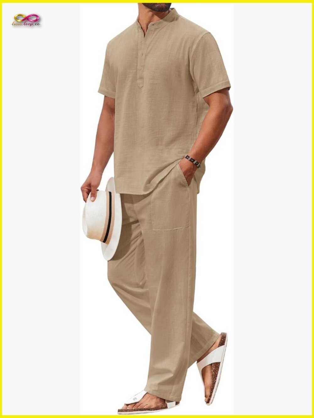 Men's Casual Cotton Henley Shirt and Pants Set Lightweight Summer Vacation